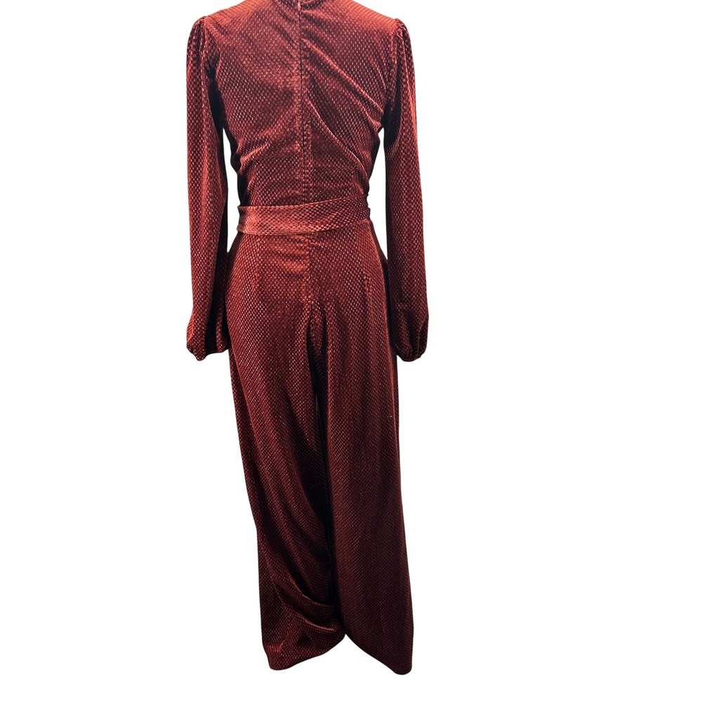 Lost + Wander Women Rust Velvet Textured Metallic Wrap Wide Leg Jumpsuit Small - Picture 3 of 6